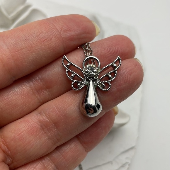 Silver Angel Pendant Clear Crystal & 20” Chain - Picture 2 of 6